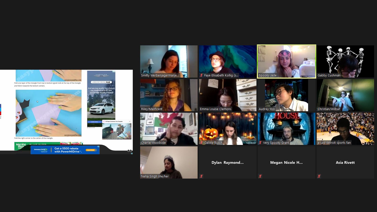 screencapture of halloween craft night zoom call